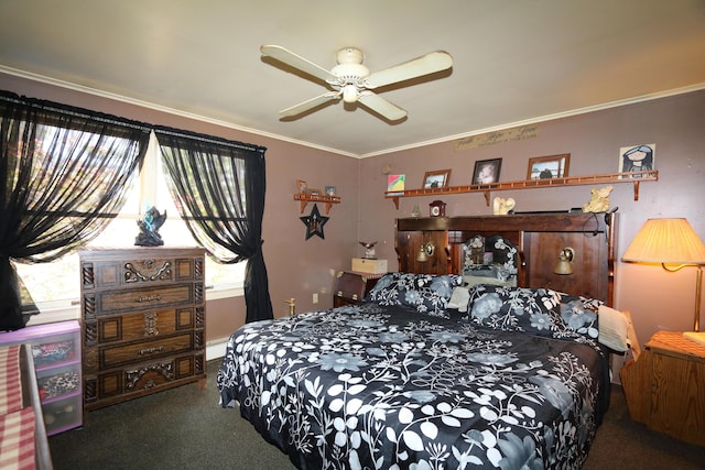 58 Skeetfield Rd, Oxford, ME 04270 - bedroom featuring carpet flooring, ornamental molding, and a ceiling fan