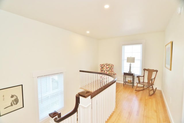 228 French St, Bangor, ME 04401 - corridor featuring an upstairs landing, light wood finished floors, baseboards, and recessed lighting