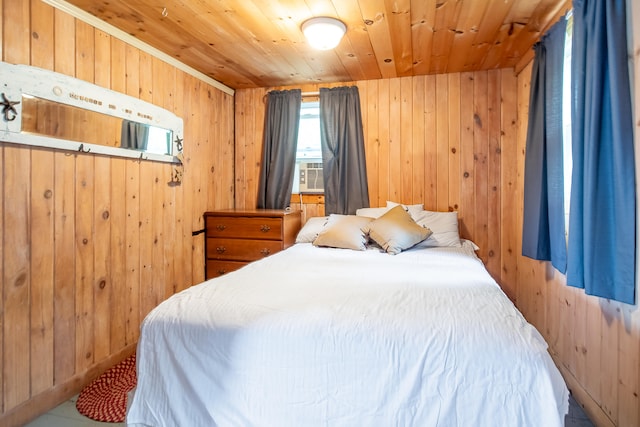 72 Logan Cir, Waterboro, ME 04030 - bedroom featuring wood walls, cooling unit, and wooden ceiling