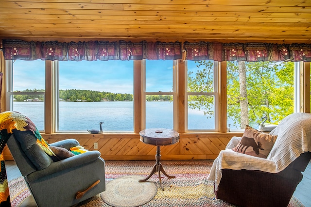 72 Logan Cir, Waterboro, ME 04030 - sunroom with wood ceiling, a water view, and wood walls