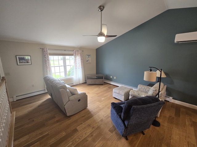 101 Streamside Ln Unit 21, Bangor, ME 04401 - living area featuring a baseboard heating unit, lofted ceiling, an AC wall unit, wood finished floors, and ceiling fan