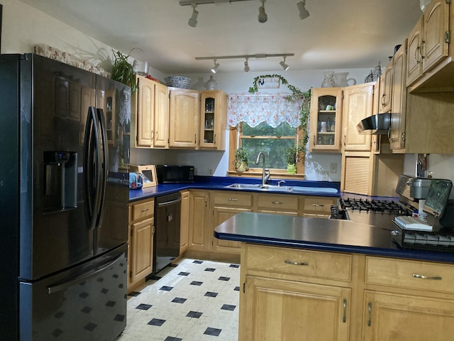 34 Highview Ave, Hancock, ME 04640 - kitchen with black appliances, a sink, glass insert cabinets, under cabinet range hood, and a peninsula