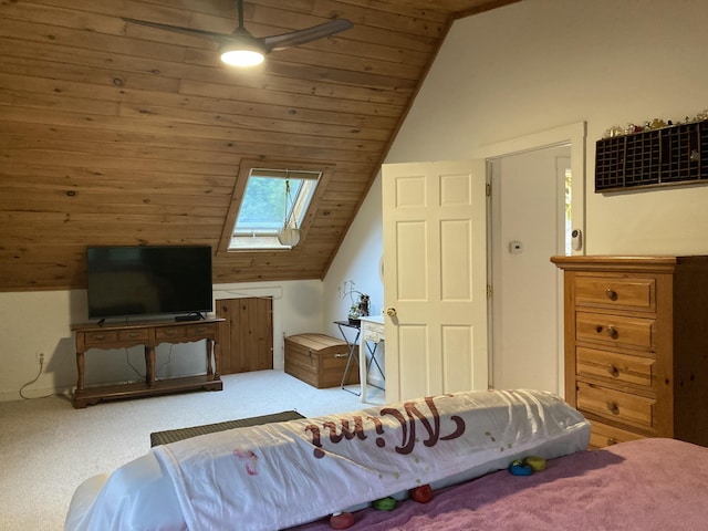 34 Highview Ave, Hancock, ME 04640 - carpeted bedroom featuring vaulted ceiling, a skylight, and wooden ceiling