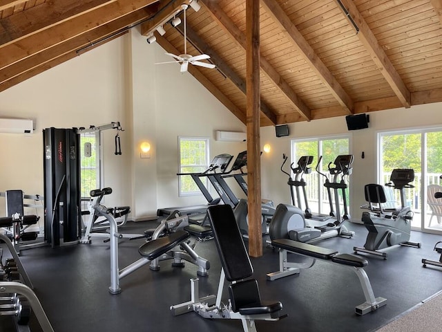412 Post Rd Unit 253, Wells, ME 04090 - gym with wood ceiling with exposed beams, a wall unit AC, ceiling fan, and high vaulted ceiling