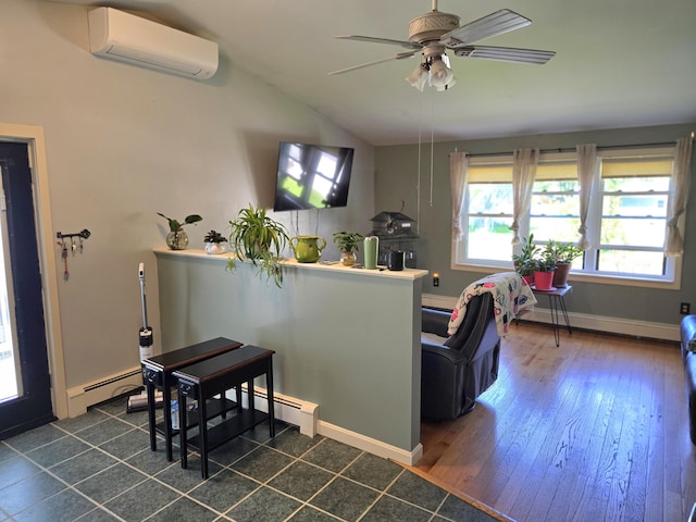 5 Roland Ave, Lewiston, ME 04240 - living area featuring a wall unit AC, a baseboard radiator, a baseboard heating unit, ceiling fan, and dark wood-type flooring