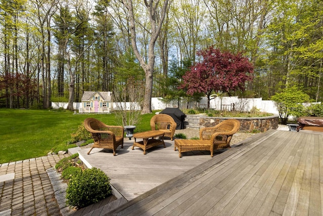 31 Rebecca Rd, Ogunquit, ME 03907 - wooden deck with an outdoor structure, grilling area, and an outdoor living space