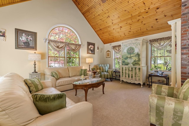31 Rebecca Rd, Ogunquit, ME 03907 - carpeted living room with high vaulted ceiling and wooden ceiling