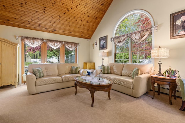 31 Rebecca Rd, Ogunquit, ME 03907 - living area with healthy amount of natural light, high vaulted ceiling, light colored carpet, wooden ceiling, and a baseboard radiator