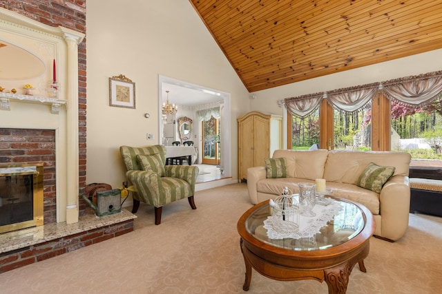 31 Rebecca Rd, Ogunquit, ME 03907 - carpeted living room with high vaulted ceiling, wooden ceiling, a chandelier, and a fireplace