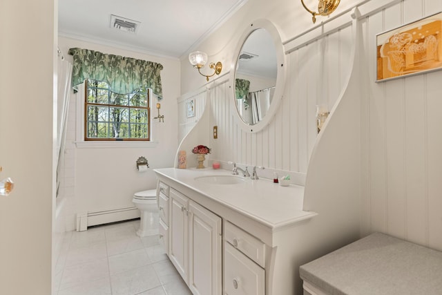 31 Rebecca Rd, Ogunquit, ME 03907 - full bathroom with a baseboard radiator, vanity, toilet, ornamental molding, and tile patterned flooring
