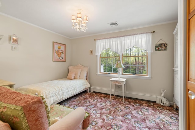 31 Rebecca Rd, Ogunquit, ME 03907 - bedroom with ornamental molding, a baseboard heating unit, a chandelier, and baseboards