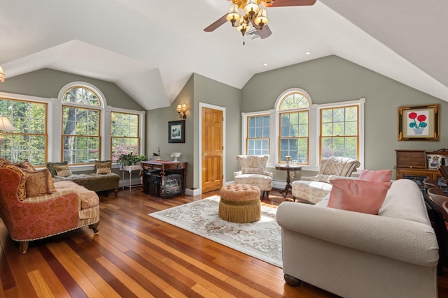 31 Rebecca Rd, Ogunquit, ME 03907 - living area featuring a ceiling fan, vaulted ceiling, and hardwood / wood-style floors