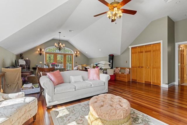 31 Rebecca Rd, Ogunquit, ME 03907 - living area with vaulted ceiling, a chandelier, hardwood / wood-style flooring, and ceiling fan
