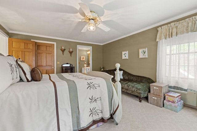 31 Rebecca Rd, Ogunquit, ME 03907 - bedroom featuring carpet floors, crown molding, ceiling fan, connected bathroom, and a wall mounted air conditioner