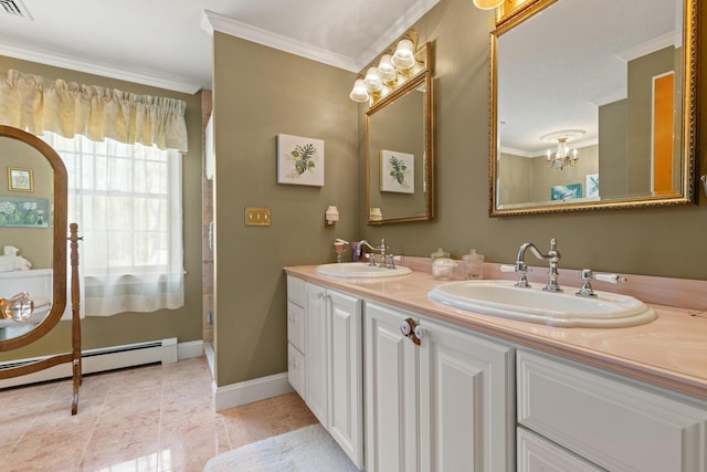31 Rebecca Rd, Ogunquit, ME 03907 - bathroom featuring double vanity, ornamental molding, a baseboard radiator, baseboards, and a chandelier