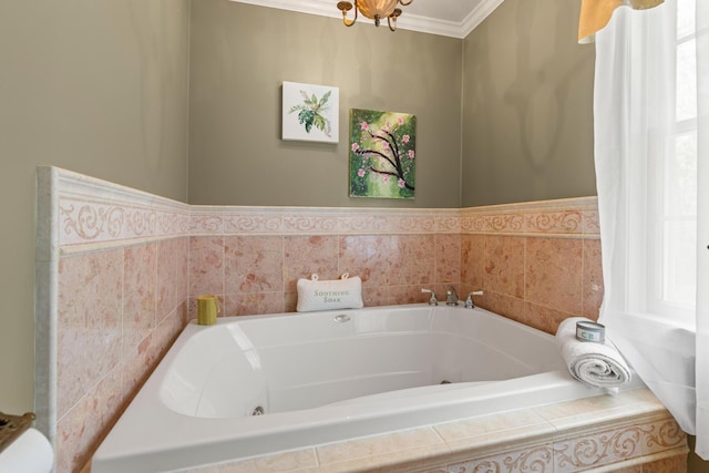 31 Rebecca Rd, Ogunquit, ME 03907 - bathroom featuring a whirlpool tub, ornamental molding, and a chandelier