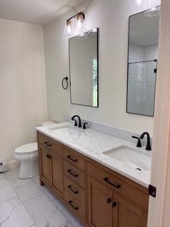 12 Windsor Rd, Ellsworth, ME 04605 - bathroom featuring toilet, double vanity, marble finish flooring, and a shower