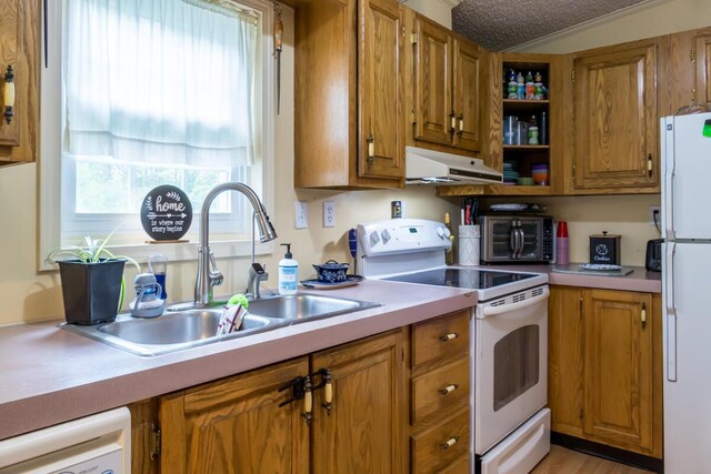 31 Lakeview Dr, West Bath, ME 04530 - kitchen with white appliances, under cabinet range hood, a sink, brown cabinets, and light countertops