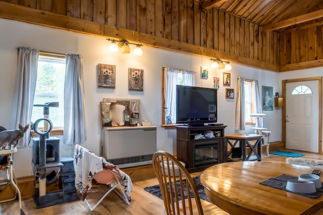 31 Lakeview Dr, West Bath, ME 04530 - dining space featuring wood finished floors, wood ceiling with exposed beams, and high vaulted ceiling