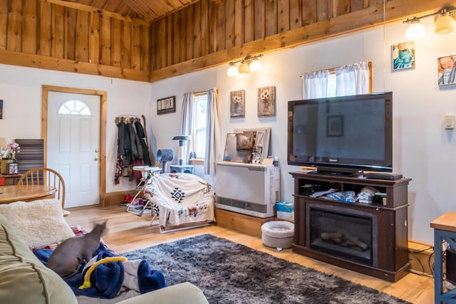 31 Lakeview Dr, West Bath, ME 04530 - living room with wood ceiling, wood finished floors, and high vaulted ceiling