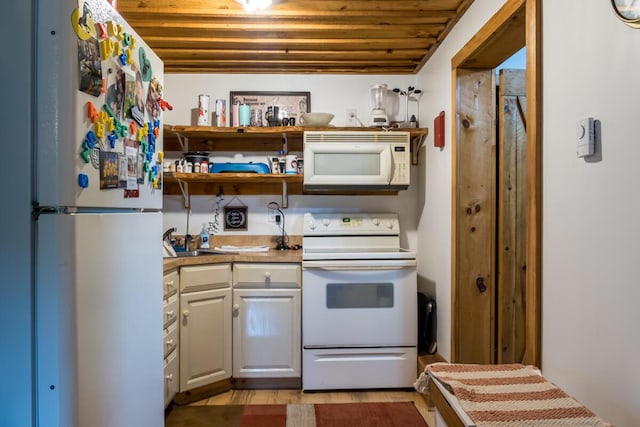 31 Lakeview Dr, West Bath, ME 04530 - kitchen featuring white appliances, wooden ceiling, and a sink