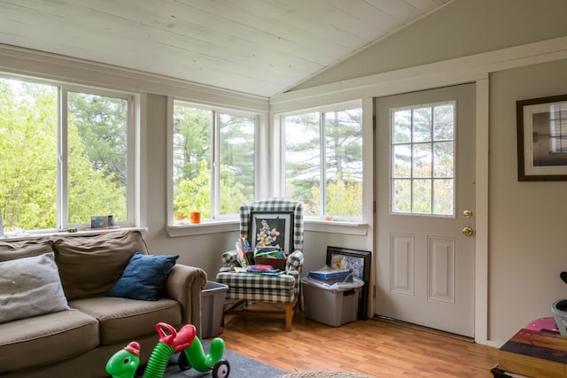 31 Lakeview Dr, West Bath, ME 04530 - sunroom with lofted ceiling, wood finished floors, healthy amount of natural light, and wooden ceiling