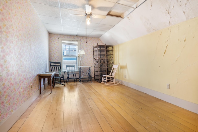 27 Ocean Ave Extension Unit 2, York, ME 03909 - sitting room featuring wallpapered walls, wood-type flooring, ceiling fan, vaulted ceiling, and baseboards