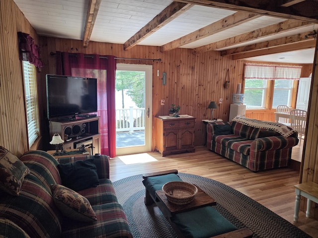 101 Brooks & Dunn Road, Otis, ME 04605 - living room with beamed ceiling, wooden walls, and light wood-style flooring