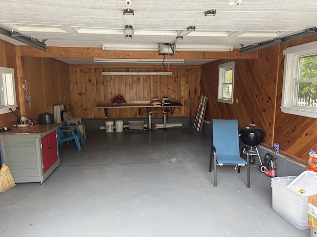 187 Maine Ave, Millinocket, ME 04462 - garage featuring wooden walls, a workshop area, and a garage door opener