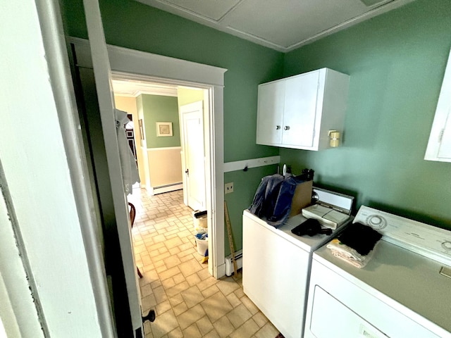 187 Maine Ave, Millinocket, ME 04462 - laundry room with separate washer and dryer, baseboard heating, cabinet space, and brick patterned floors