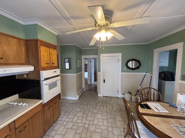 187 Maine Ave, Millinocket, ME 04462 - kitchen with white appliances, brown cabinets, under cabinet range hood, a ceiling fan, and brick patterned floors
