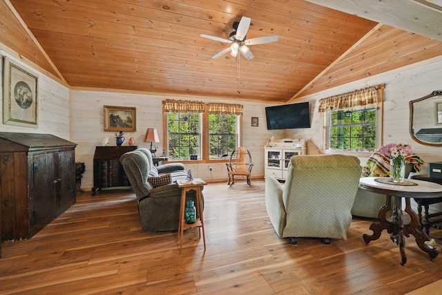 30 Bassett Ln, Moscow, ME 04920 - living room with lofted ceiling, wood ceiling, wooden walls, wood finished floors, and ceiling fan