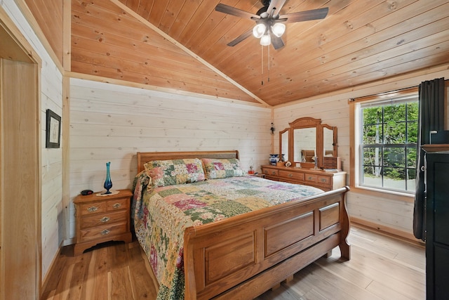 30 Bassett Ln, Moscow, ME 04920 - bedroom featuring wood ceiling, wood walls, vaulted ceiling, light wood-type flooring, and ceiling fan