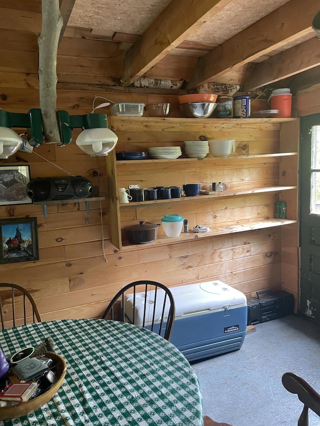 OFF Mountain Rd, Mount Chase, ME 04765 - carpeted dining space featuring wood walls