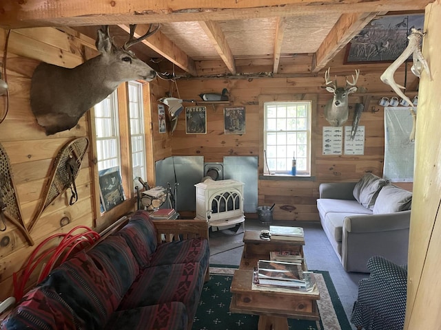 OFF Mountain Rd, Mount Chase, ME 04765 - living room featuring wooden walls and wooden ceiling with exposed beams