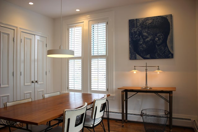 67 Pascal Ave, Rockport, ME 04856 - dining space with healthy amount of natural light, recessed lighting, dark wood-type flooring, and a baseboard radiator