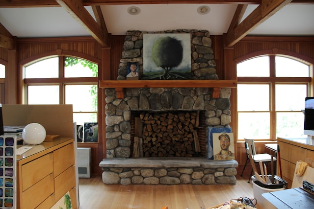 67 Pascal Ave, Rockport, ME 04856 - living area with light wood-style flooring and a fireplace