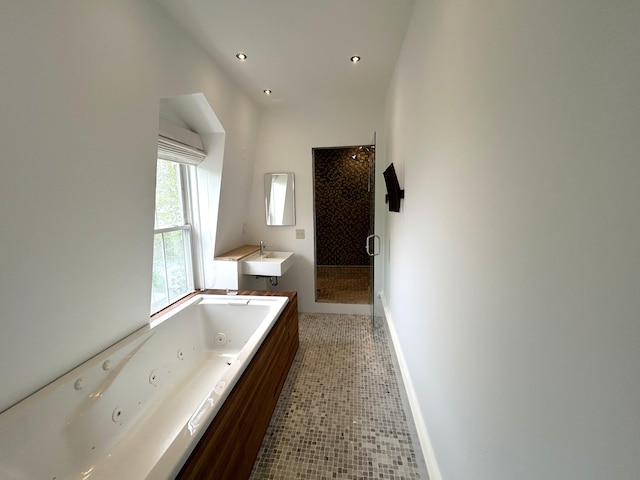 67 Pascal Ave, Rockport, ME 04856 - bathroom featuring a shower stall, a tub with jets, a sink, tile patterned floors, and recessed lighting