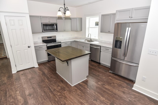 33 Main St, Cornish, ME 04020 - kitchen with appliances with stainless steel finishes, gray cabinetry, a sink, butcher block counters, and dark wood-style flooring