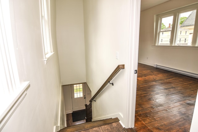 33 Main St, Cornish, ME 04020 - stairway featuring baseboard heating, hardwood / wood-style flooring, and baseboards