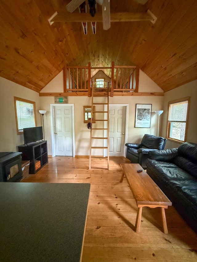 3 Trout Ln, Brownfield, ME 04010 - living room featuring wooden ceiling, hardwood / wood-style flooring, high vaulted ceiling, and a ceiling fan