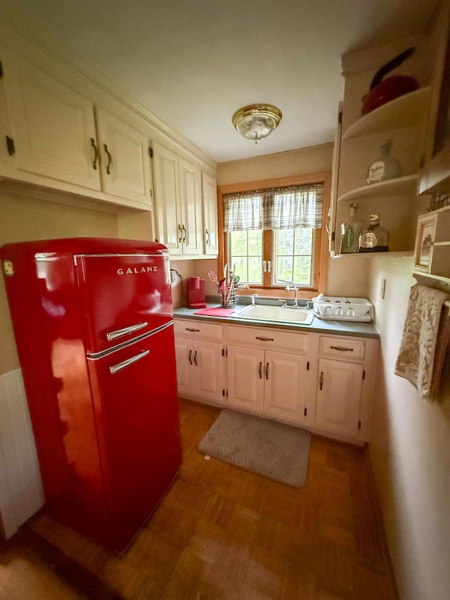3 Trout Ln, Brownfield, ME 04010 - kitchen featuring a sink, freestanding refrigerator, open shelves, and white cabinetry