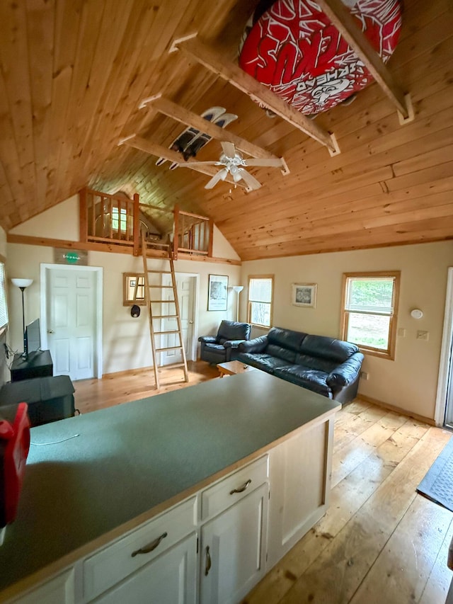 3 Trout Ln, Brownfield, ME 04010 - kitchen featuring wood ceiling, lofted ceiling, plenty of natural light, white cabinetry, and light wood-type flooring
