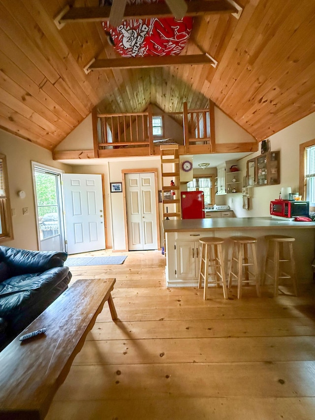 3 Trout Ln, Brownfield, ME 04010 - living room featuring light wood finished floors, wood ceiling, and high vaulted ceiling