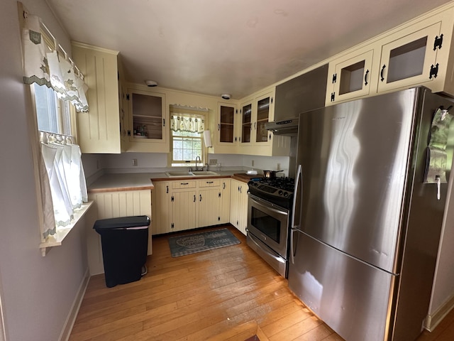 217 Jackson Rd, Monroe, ME 04951 - kitchen featuring stainless steel appliances, a sink, light wood-style floors, glass insert cabinets, and under cabinet range hood