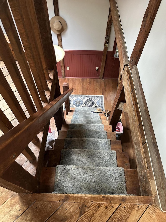 217 Jackson Rd, Monroe, ME 04951 - staircase featuring wood-type flooring, a wainscoted wall, and wooden walls