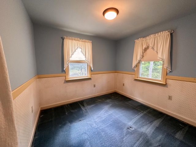 217 Jackson Rd, Monroe, ME 04951 - unfurnished room featuring a wainscoted wall, dark colored carpet, and baseboards