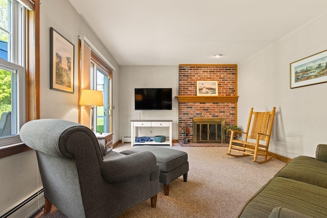 43 W Lynne Ave, Portland, ME 04103 - carpeted living room featuring baseboard heating and a fireplace