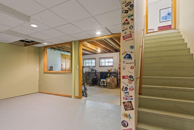 43 W Lynne Ave, Portland, ME 04103 - below grade area with stairway, recessed lighting, and a paneled ceiling
