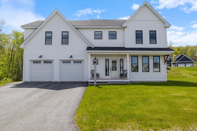 5 Cobblestone St Unit 53, Falmouth, ME 04105 - modern farmhouse style home featuring a garage, driveway, a front yard, a shingled roof, and covered porch